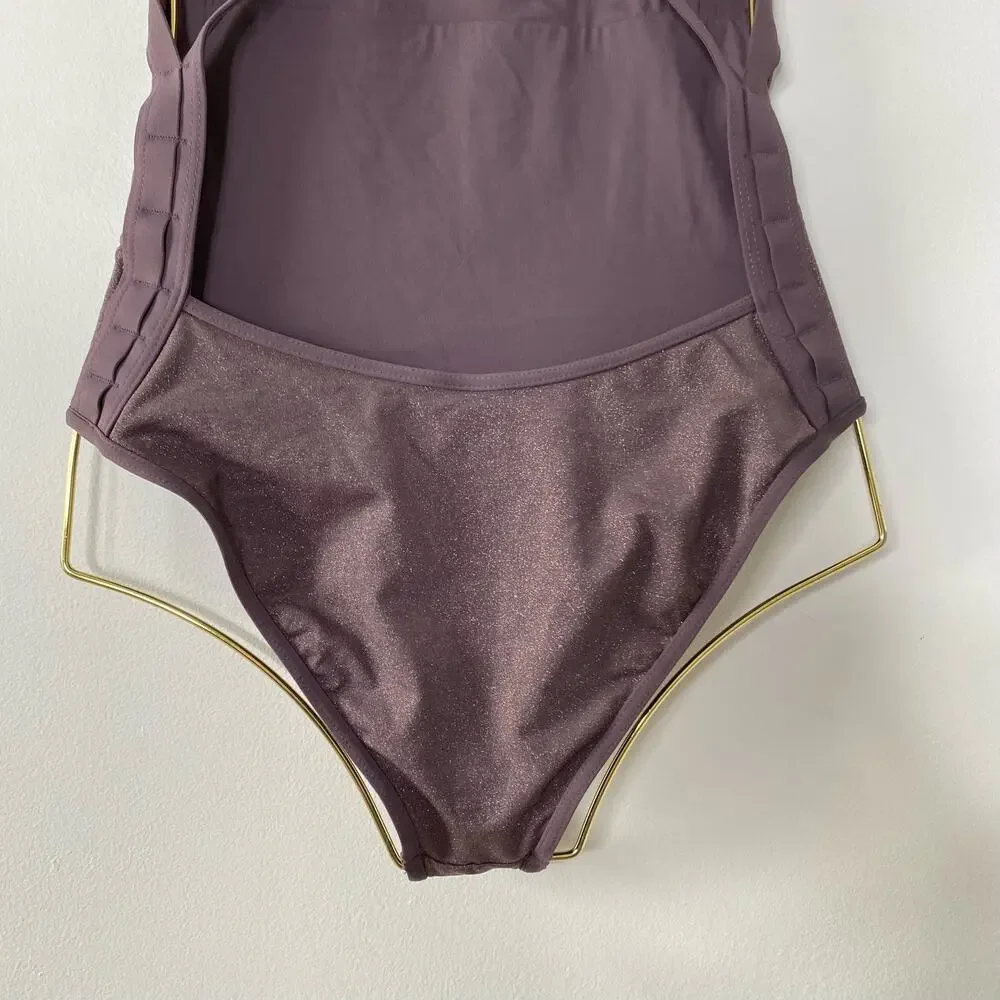 L*SPACE Purple Shimmer Criss Cross Low Back One Piece Swimsuit